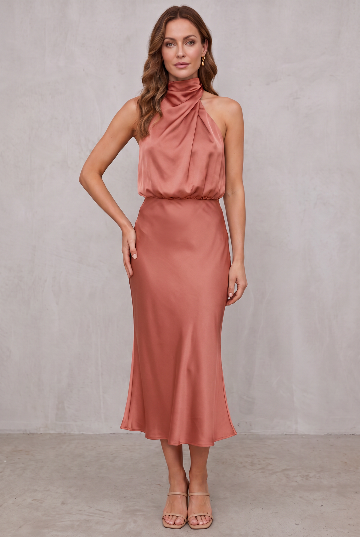 Women's Satin Halter Neck Cocktail Party Dress Midi Length - Coral Red