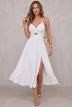 Women's High-Slit Cut-Out Cocktail Party Dress V-Neck Midi