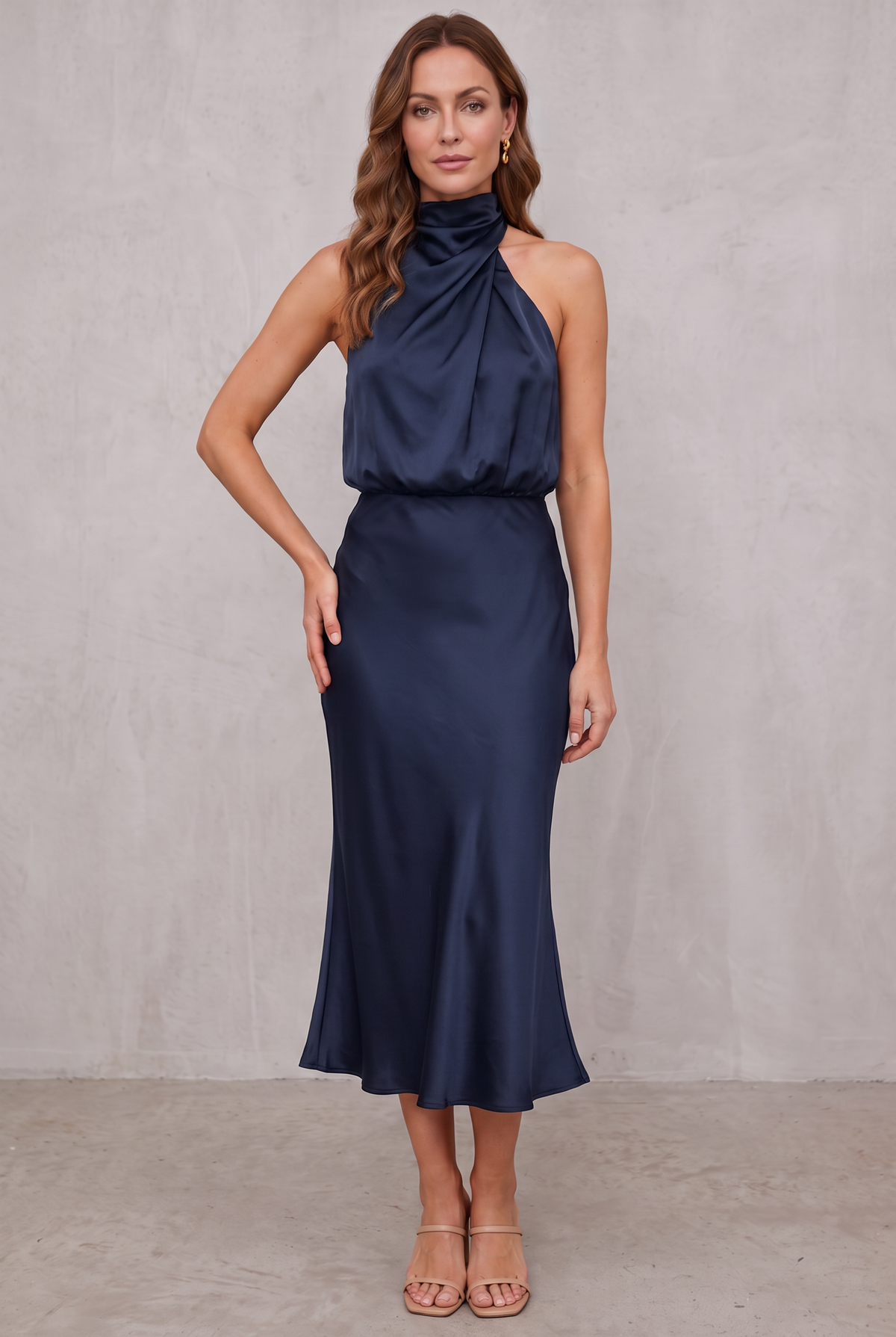 Women's Satin Halter Neck Cocktail Party Dress Midi Length - Dark Navy