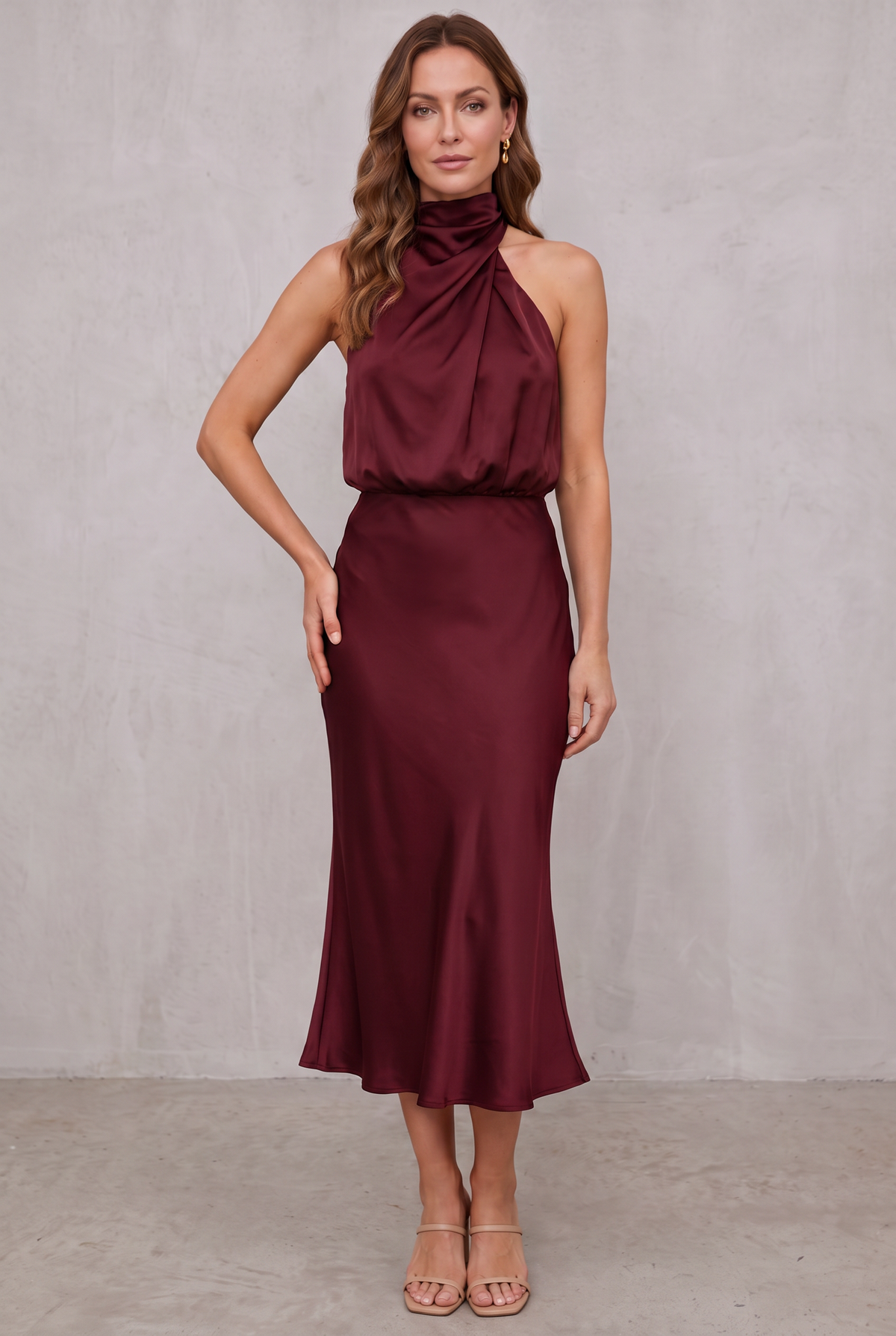 Women's Satin Halter Neck Cocktail Party Dress Midi Length - Burgundy