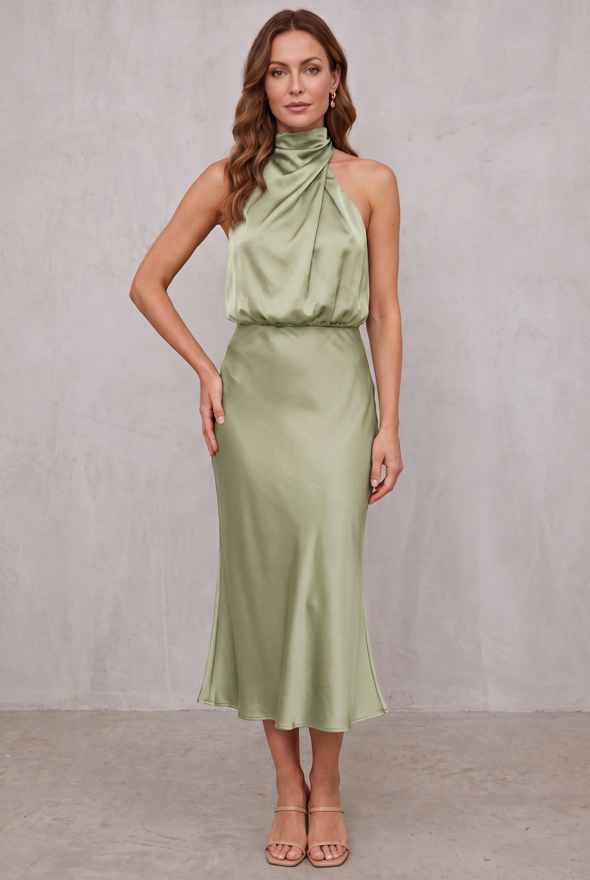 Women's Satin Halter Neck Cocktail Party Dress Midi Length - Light Green