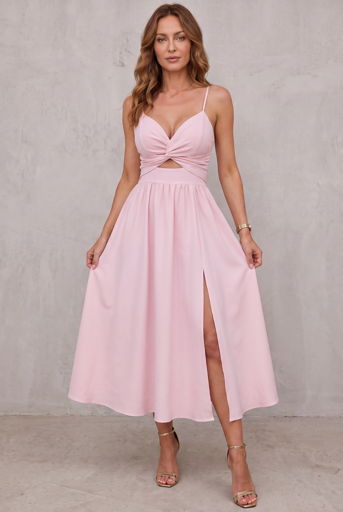 Women's High-Slit Cut-Out Cocktail Party Dress V-Neck Midi - Pink