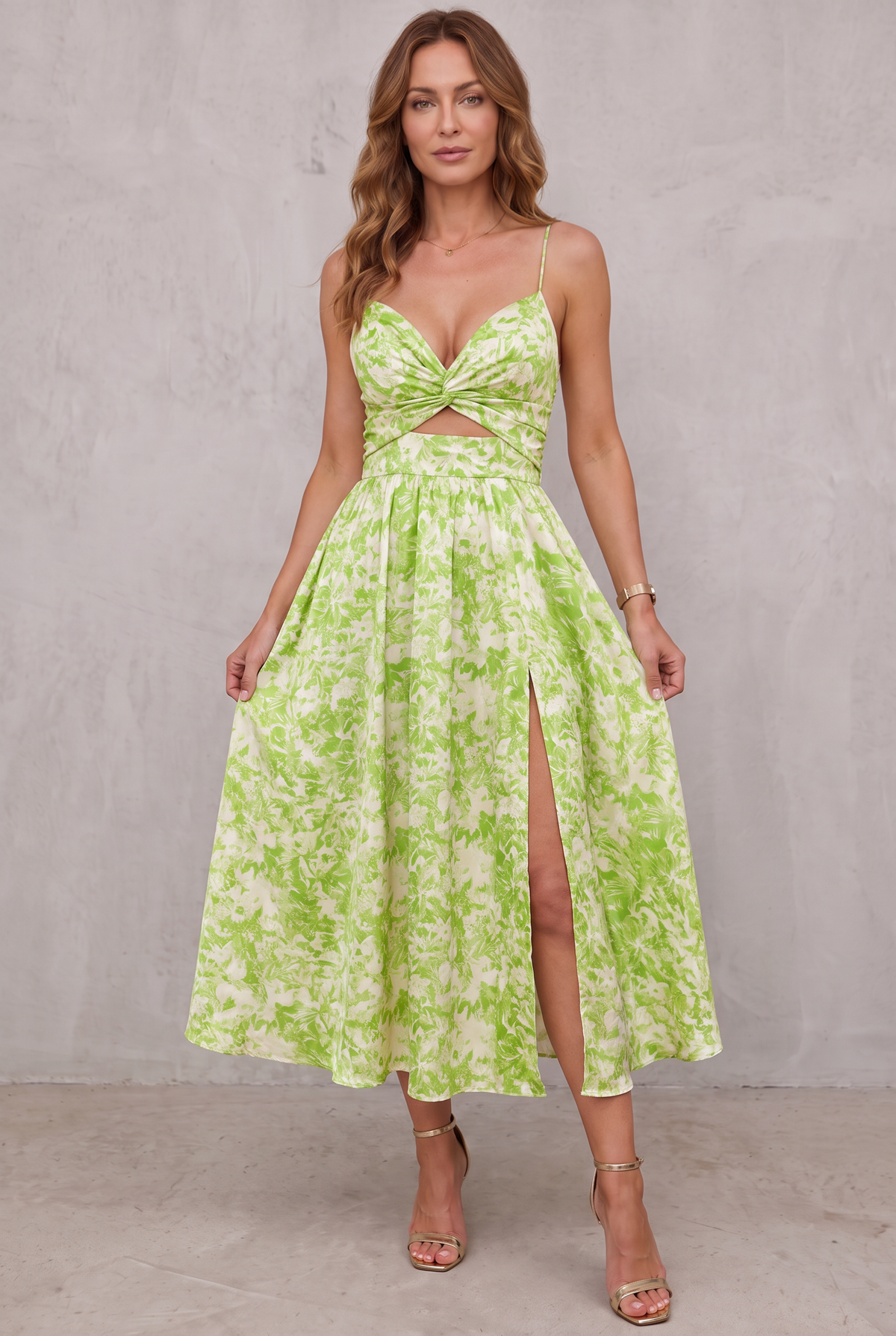 Women's High-Slit Cut-Out Cocktail Party Dress V-Neck Midi - Green