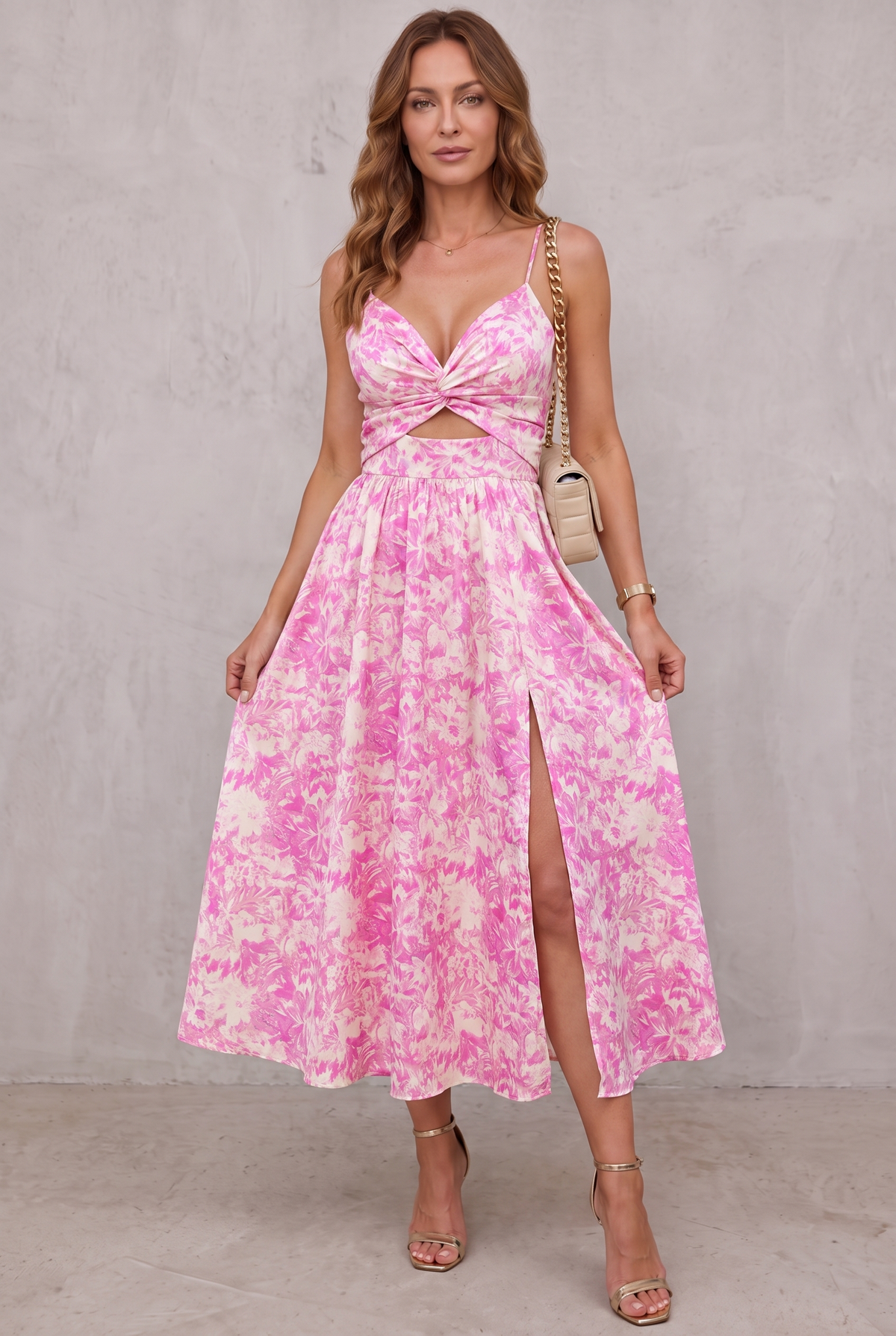 Women's High-Slit Cut-Out Cocktail Party Dress V-Neck Midi - Pink / White
