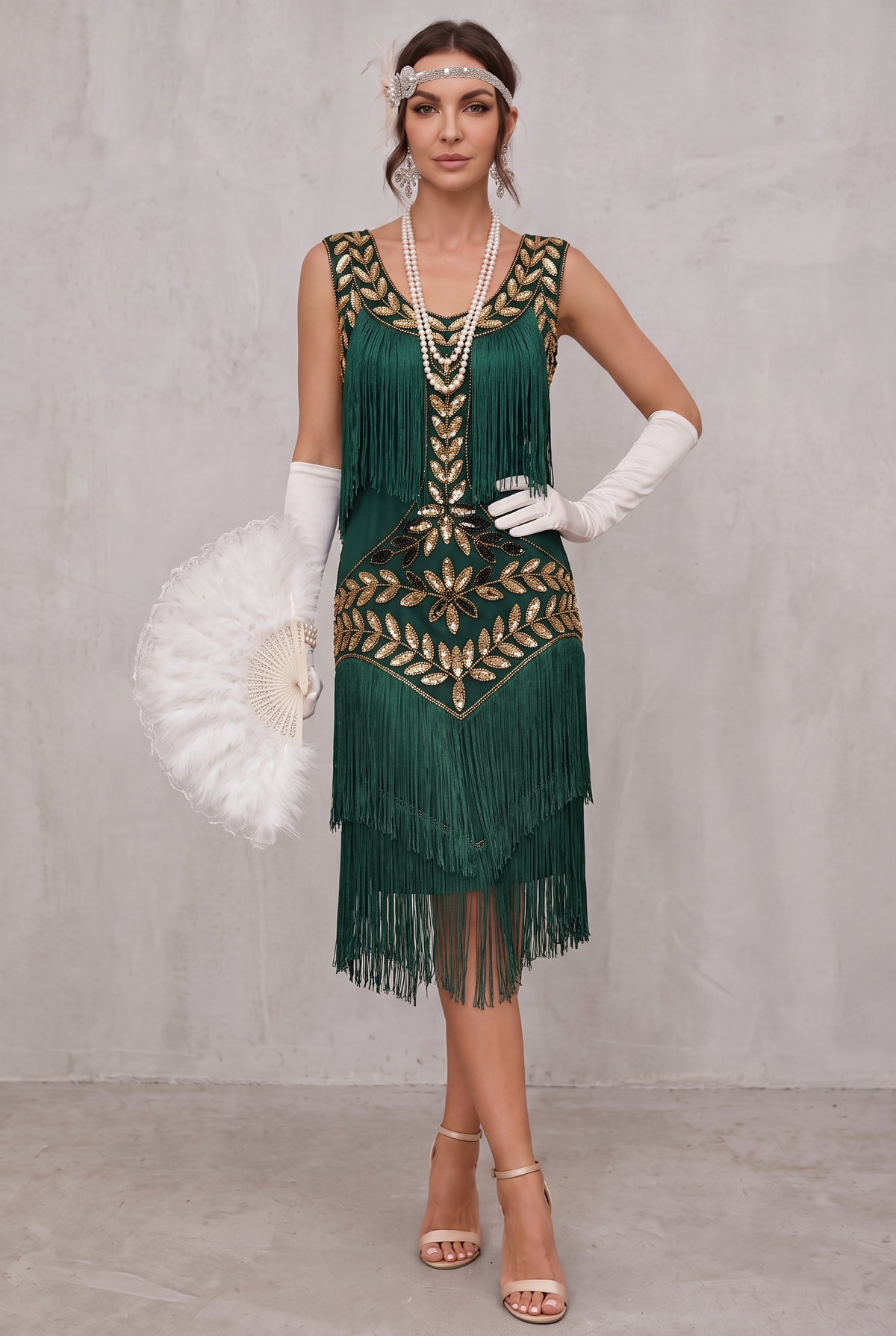 Women's 1920s Sequin Fringe Cocktail Party Dress Flapper Style - Dark Green