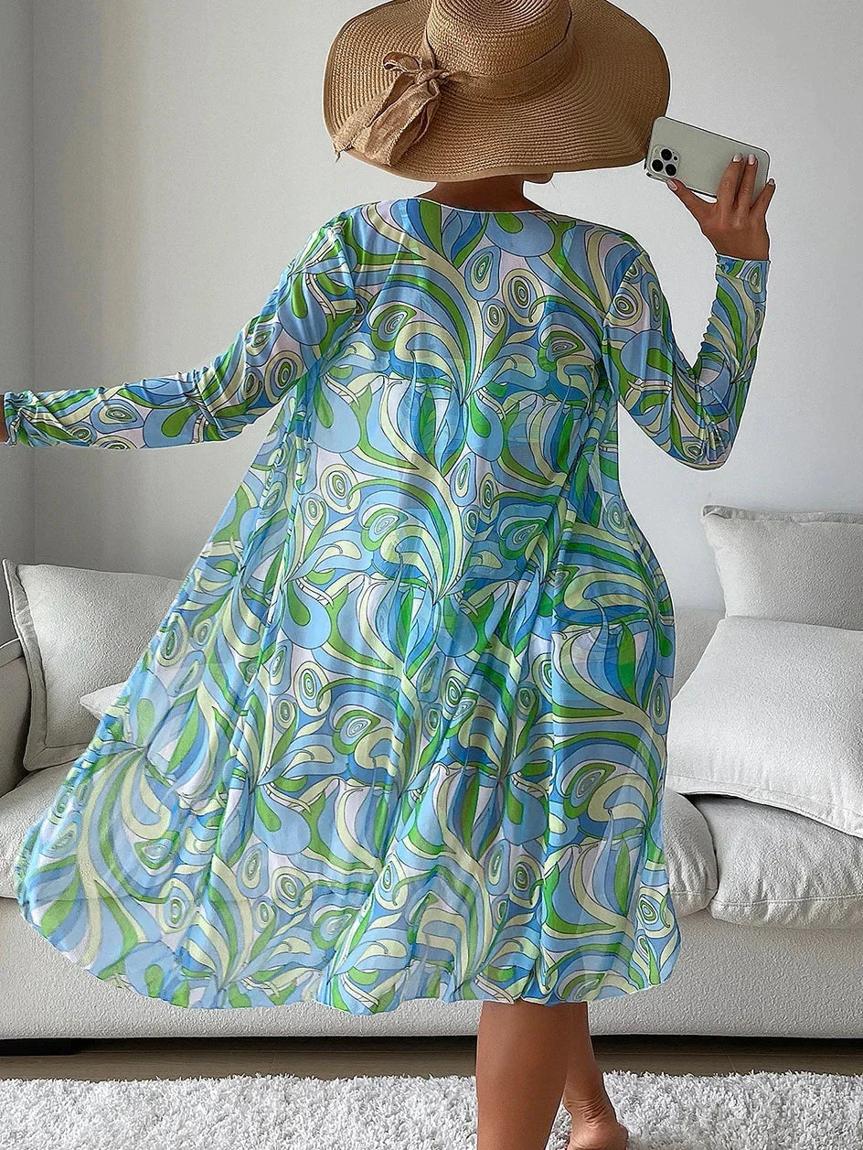Swirl Print Bikini Set With Cover-Up For Women