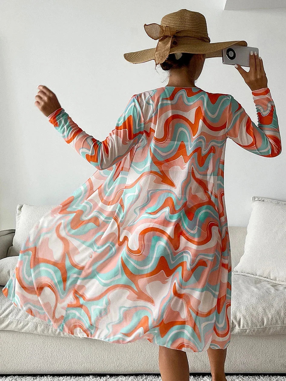 Swirl Print Bikini Set With Cover-Up For Women