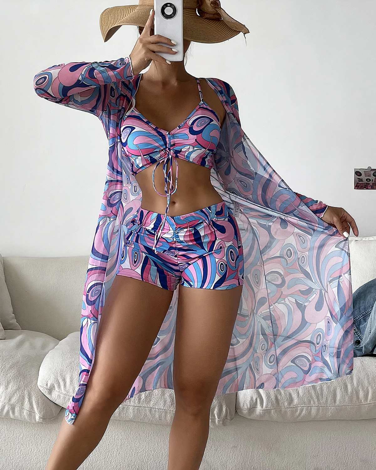 Swirl Print Bikini Set With Cover-Up For Women